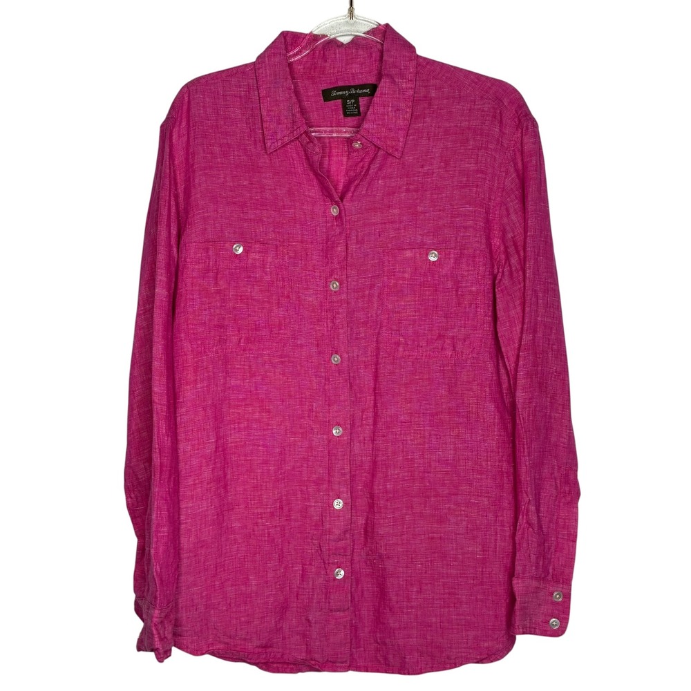 Tommy Bahama Womens Small Pink 100% Linen Button Down Shirt Top Coastal Beach